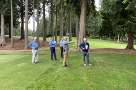 Rees Jones, Charlie Schauwecker (Dir. of Agronomy) and Steve Weisser at Sahalee CC site visit bunker renovation of East Course