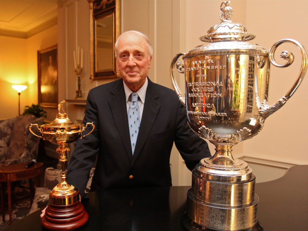 Rees Jones with the Ryder Cup and Wanamaker Trophy